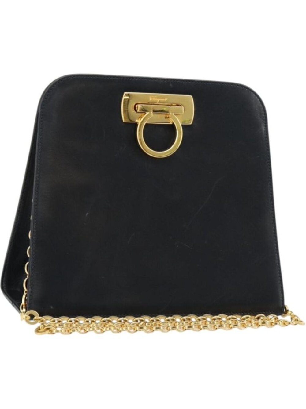 Salvatore Ferragamo Gancini Chain Shoulder Bag Leather Navy Gold